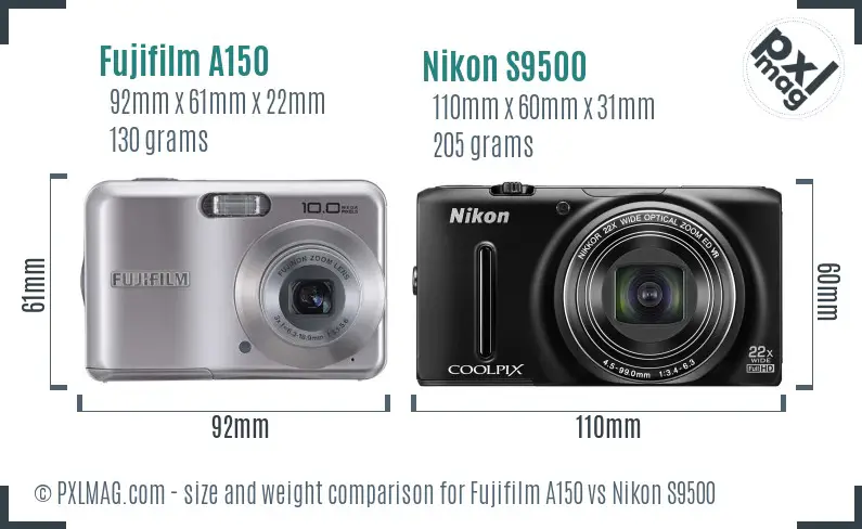 Fujifilm A150 vs Nikon S9500 size comparison