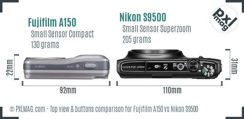 Fujifilm A150 vs Nikon S9500 top view buttons comparison