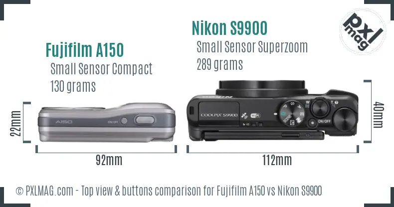 Fujifilm A150 vs Nikon S9900 top view buttons comparison Fujifilm A150 vs Nikon S9900 top view buttons comparison