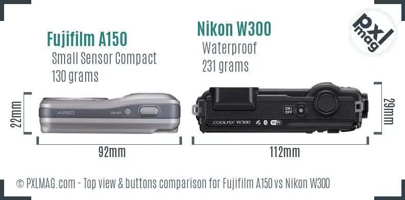 Fujifilm A150 vs Nikon W300 top view buttons comparison