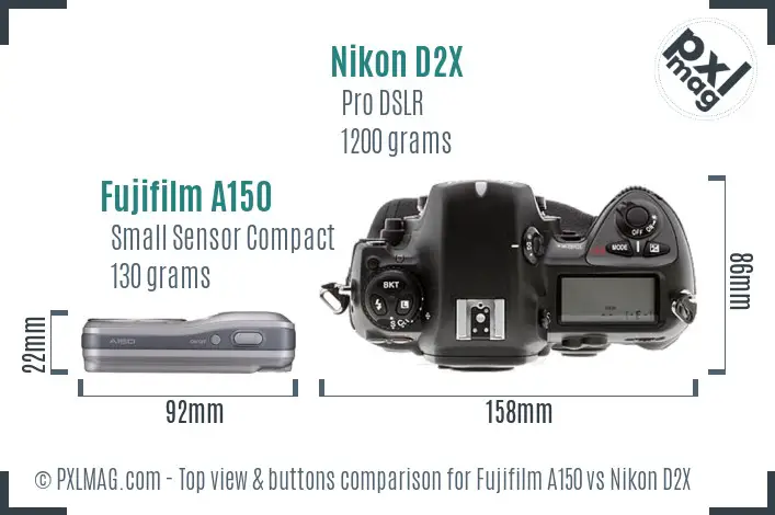 Fujifilm A150 vs Nikon D2X top view buttons comparison