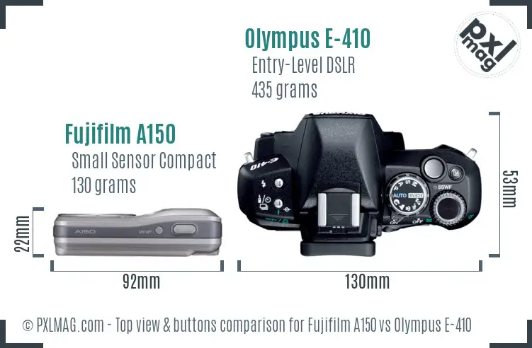 Fujifilm A150 vs Olympus E-410 top view buttons comparison