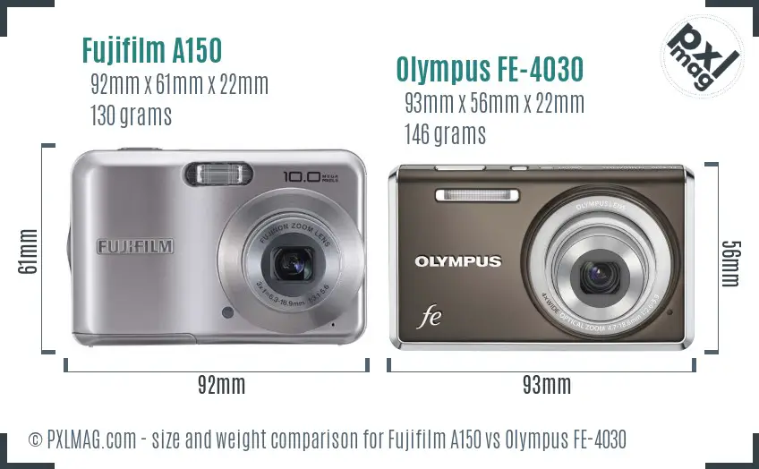 Fujifilm A150 vs Olympus FE-4030 size comparison Fujifilm A150 vs Olympus FE-4030 size comparison
