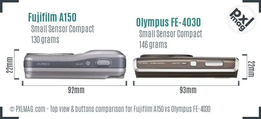 Fujifilm A150 vs Olympus FE-4030 top view buttons comparison Fujifilm A150 vs Olympus FE-4030 top view buttons comparison