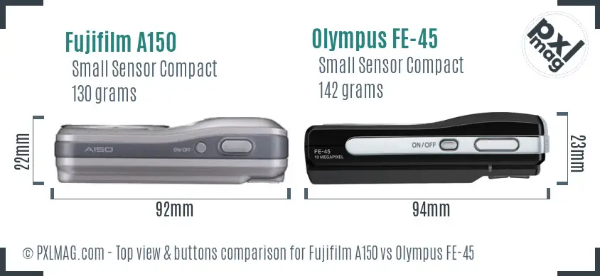 Fujifilm A150 vs Olympus FE-45 top view buttons comparison