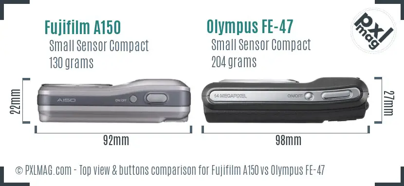Fujifilm A150 vs Olympus FE-47 top view buttons comparison