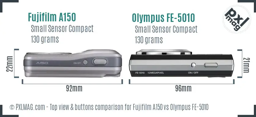 Fujifilm A150 vs Olympus FE-5010 top view buttons comparison