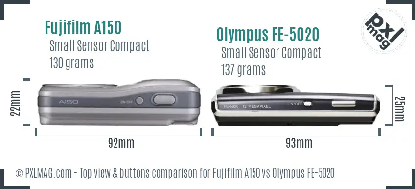 Fujifilm A150 vs Olympus FE-5020 top view buttons comparison