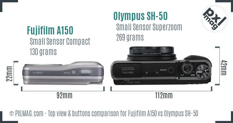 Fujifilm A150 vs Olympus SH-50 top view buttons comparison