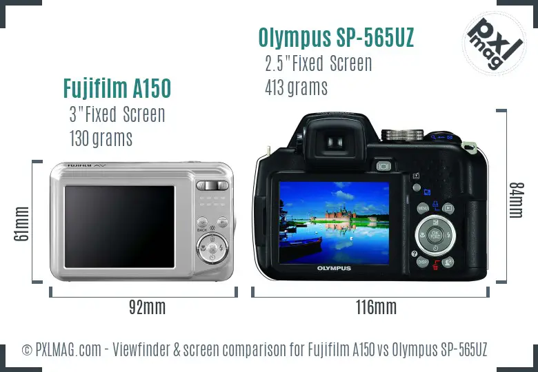 Fujifilm A150 vs Olympus SP-565UZ Screen and Viewfinder comparison