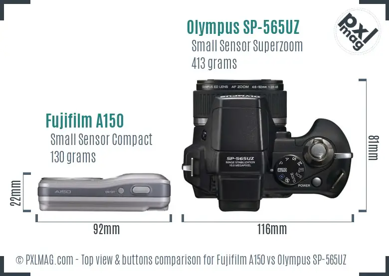 Fujifilm A150 vs Olympus SP-565UZ top view buttons comparison