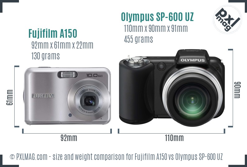 Fujifilm A150 vs Olympus SP-600 UZ size comparison