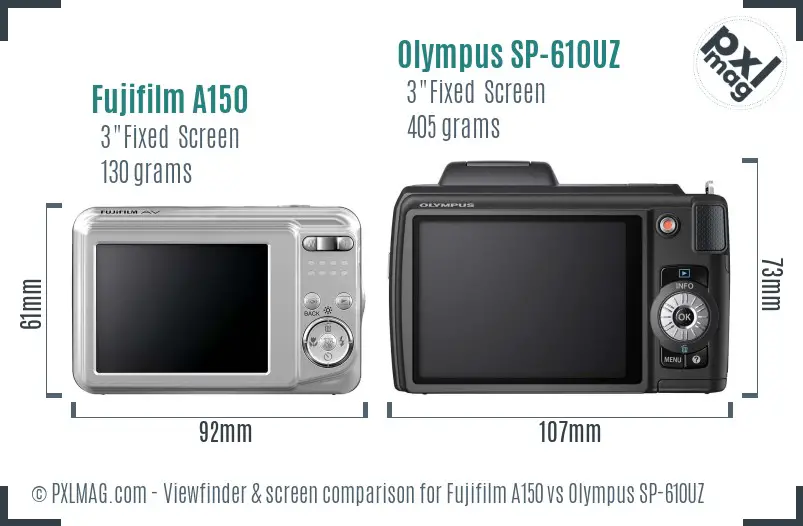 Fujifilm A150 vs Olympus SP-610UZ Screen and Viewfinder comparison