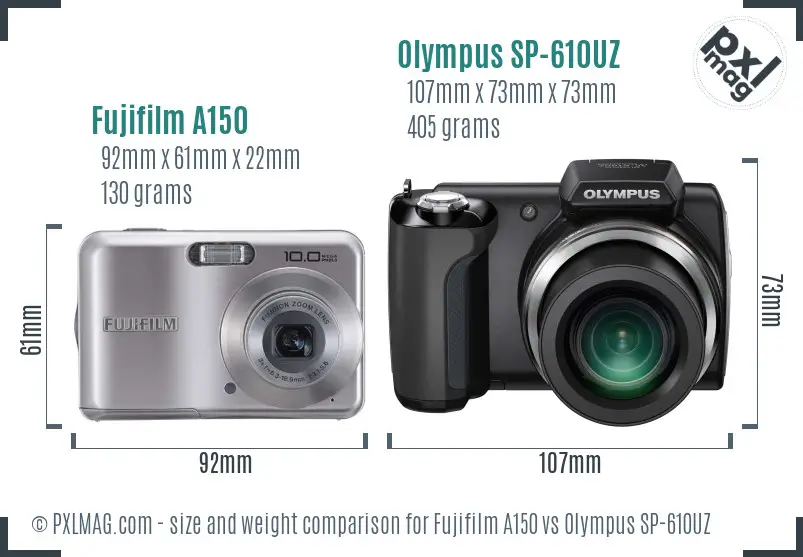 Fujifilm A150 vs Olympus SP-610UZ size comparison