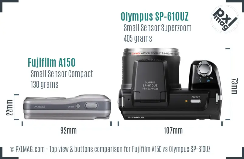 Fujifilm A150 vs Olympus SP-610UZ top view buttons comparison