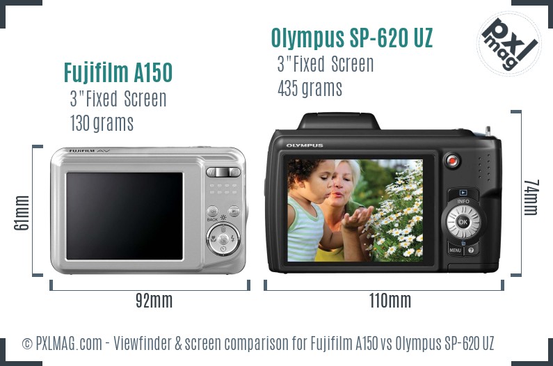 Fujifilm A150 vs Olympus SP-620 UZ Screen and Viewfinder comparison