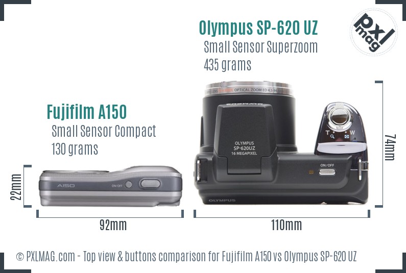 Fujifilm A150 vs Olympus SP-620 UZ top view buttons comparison