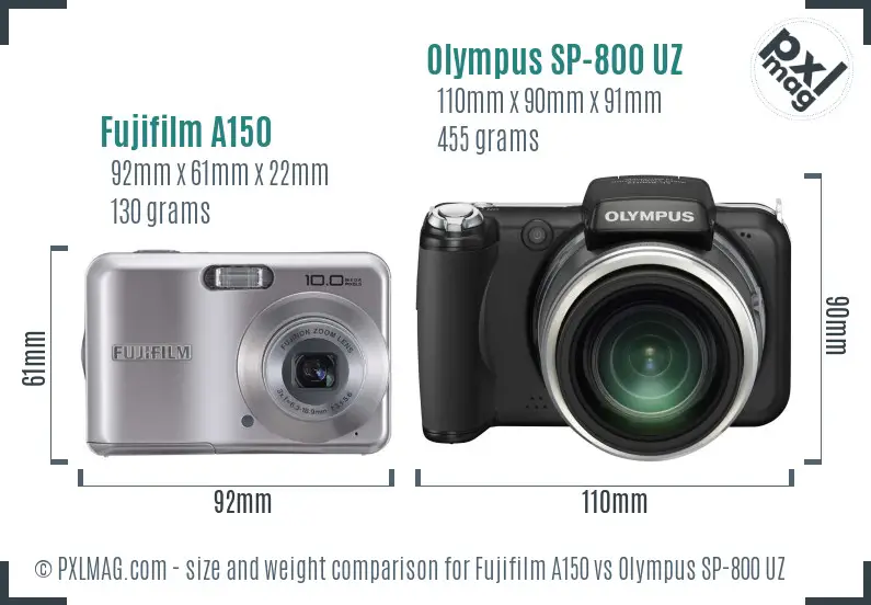 Fujifilm A150 vs Olympus SP-800 UZ size comparison