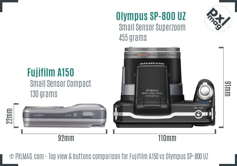 Fujifilm A150 vs Olympus SP-800 UZ top view buttons comparison