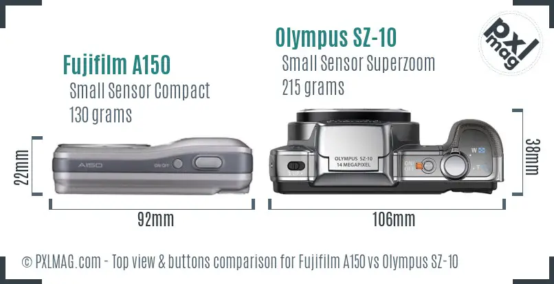 Fujifilm A150 vs Olympus SZ-10 top view buttons comparison