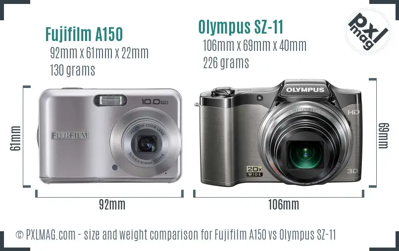 Fujifilm A150 vs Olympus SZ-11 size comparison
