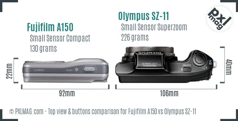 Fujifilm A150 vs Olympus SZ-11 top view buttons comparison