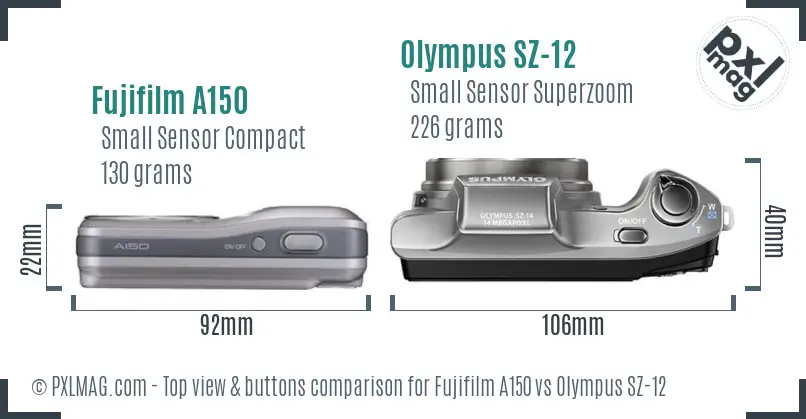 Fujifilm A150 vs Olympus SZ-12 top view buttons comparison