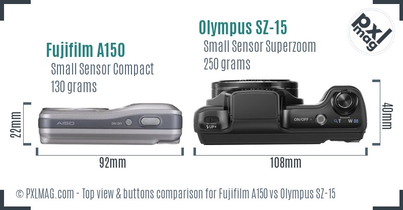 Fujifilm A150 vs Olympus SZ-15 top view buttons comparison