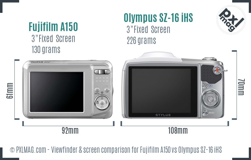 Fujifilm A150 vs Olympus SZ-16 iHS Screen and Viewfinder comparison