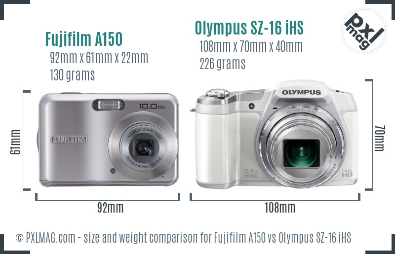 Fujifilm A150 vs Olympus SZ-16 iHS size comparison