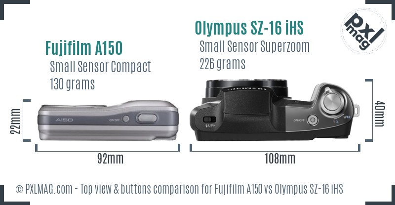 Fujifilm A150 vs Olympus SZ-16 iHS top view buttons comparison