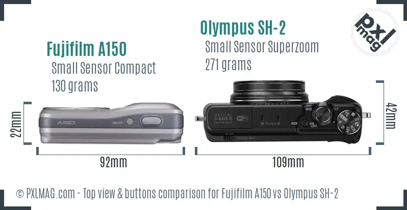 Fujifilm A150 vs Olympus SH-2 top view buttons comparison Fujifilm A150 vs Olympus SH-2 top view buttons comparison