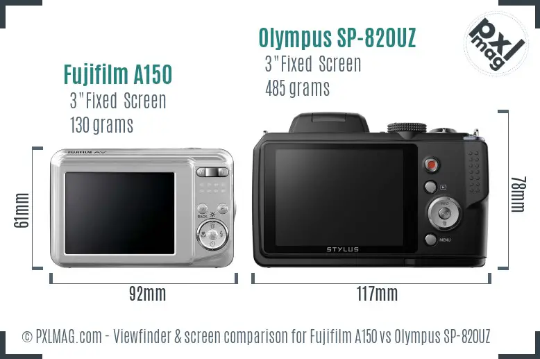 Fujifilm A150 vs Olympus SP-820UZ Screen and Viewfinder comparison