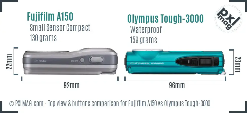Fujifilm A150 vs Olympus Tough-3000 top view buttons comparison