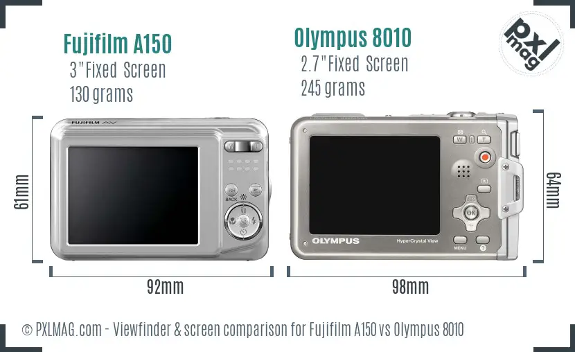 Fujifilm A150 vs Olympus 8010 Screen and Viewfinder comparison