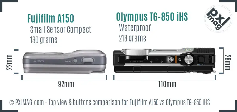 Fujifilm A150 vs Olympus TG-850 iHS top view buttons comparison