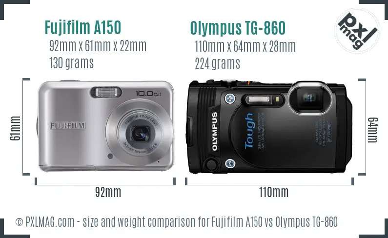 Fujifilm A150 vs Olympus TG-860 size comparison