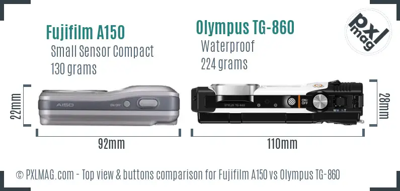 Fujifilm A150 vs Olympus TG-860 top view buttons comparison