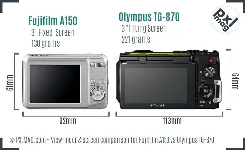 Fujifilm A150 vs Olympus TG-870 Screen and Viewfinder comparison