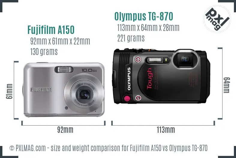 Fujifilm A150 vs Olympus TG-870 size comparison