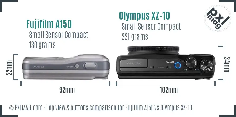 Fujifilm A150 vs Olympus XZ-10 top view buttons comparison Fujifilm A150 vs Olympus XZ-10 top view buttons comparison