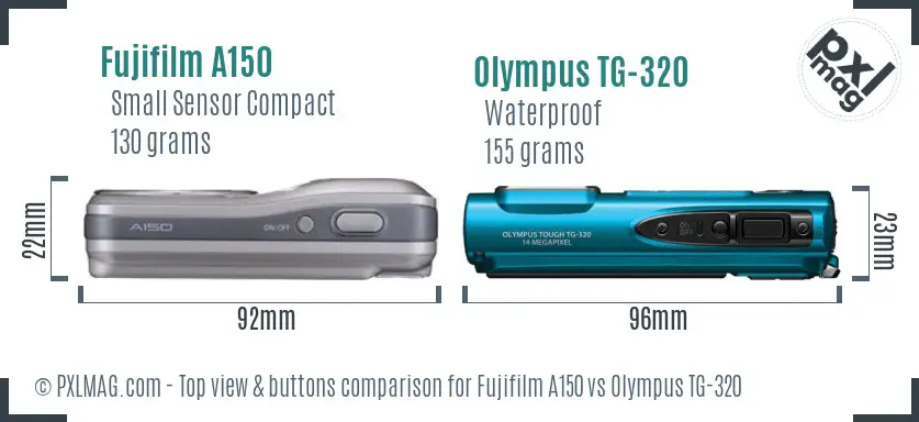 Fujifilm A150 vs Olympus TG-320 top view buttons comparison