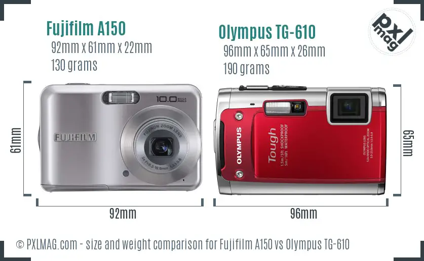 Fujifilm A150 vs Olympus TG-610 size comparison