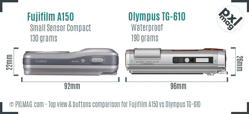 Fujifilm A150 vs Olympus TG-610 top view buttons comparison
