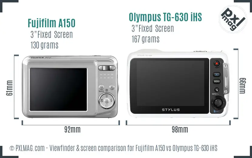 Fujifilm A150 vs Olympus TG-630 iHS Screen and Viewfinder comparison