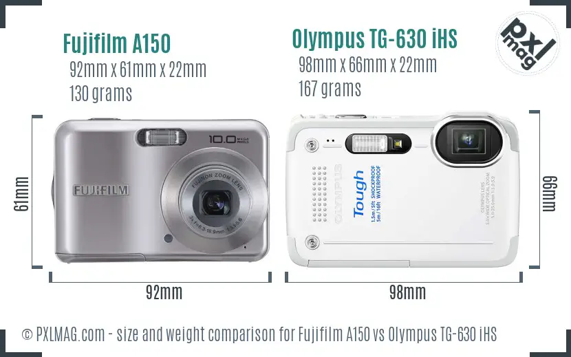 Fujifilm A150 vs Olympus TG-630 iHS size comparison