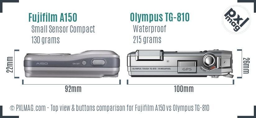 Fujifilm A150 vs Olympus TG-810 top view buttons comparison