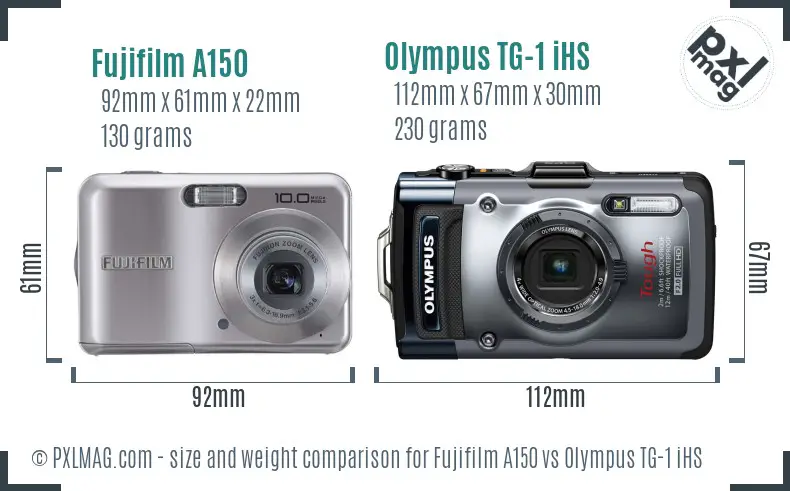 Fujifilm A150 vs Olympus TG-1 iHS size comparison