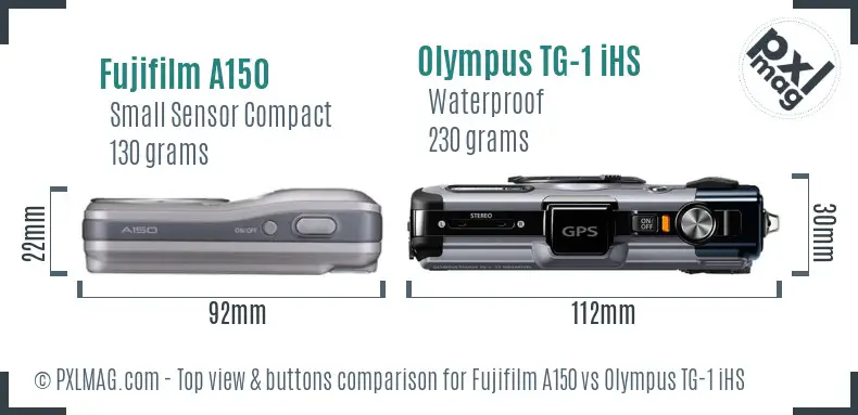 Fujifilm A150 vs Olympus TG-1 iHS top view buttons comparison