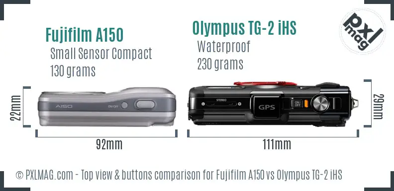 Fujifilm A150 vs Olympus TG-2 iHS top view buttons comparison Fujifilm A150 vs Olympus TG-2 iHS top view buttons comparison